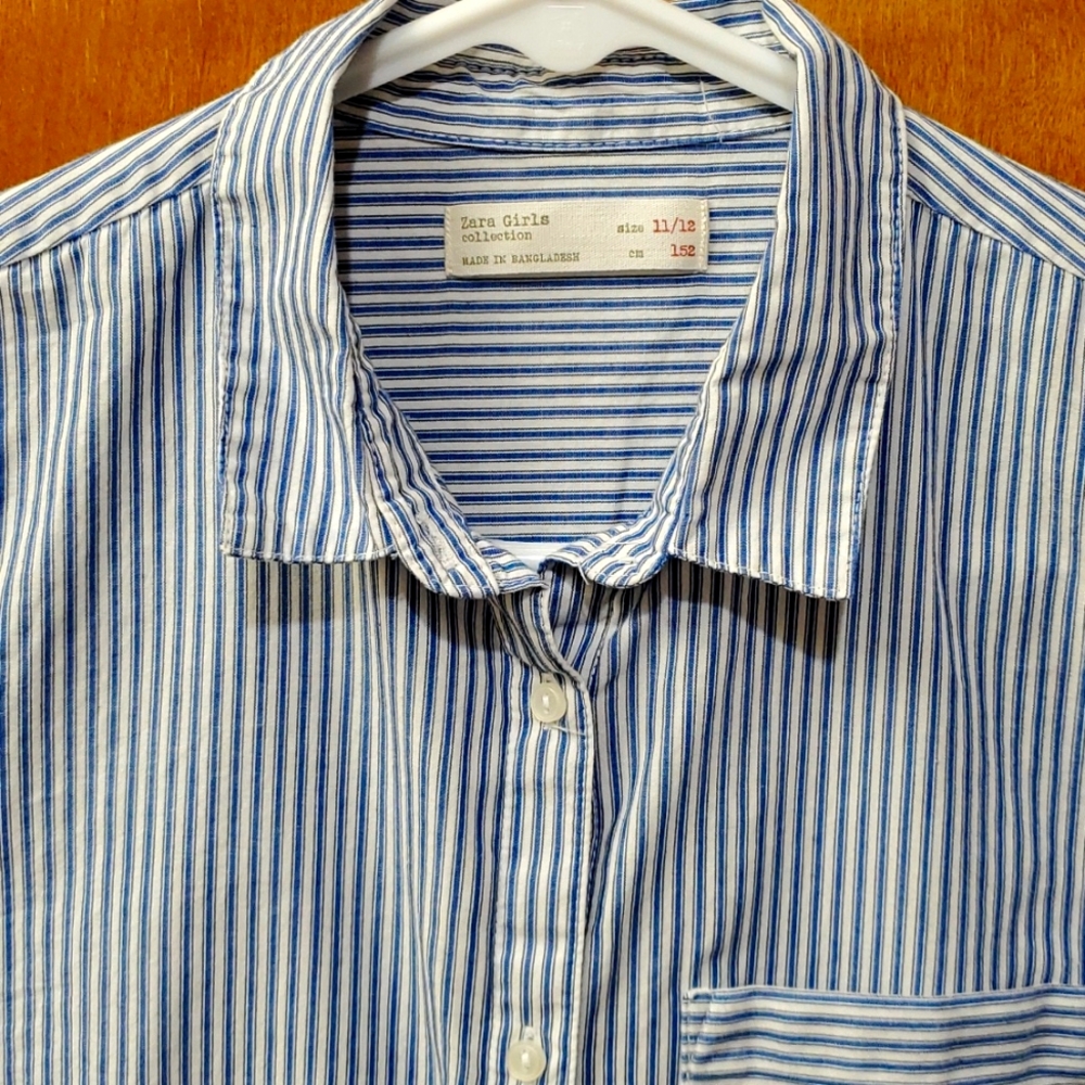 Zara Girls blue and white striped button down top - Picture 2 of 8